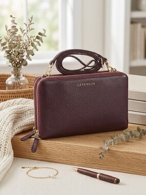 Levenger Plum Pebbled Leather Double Zip Crossbody Wallet Bag Organizer